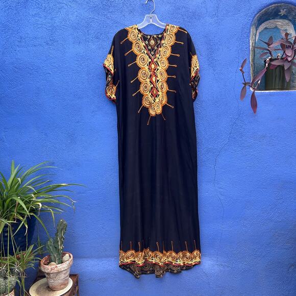 vintage orange and yellow embroidered caftan - Picture 1 of 5